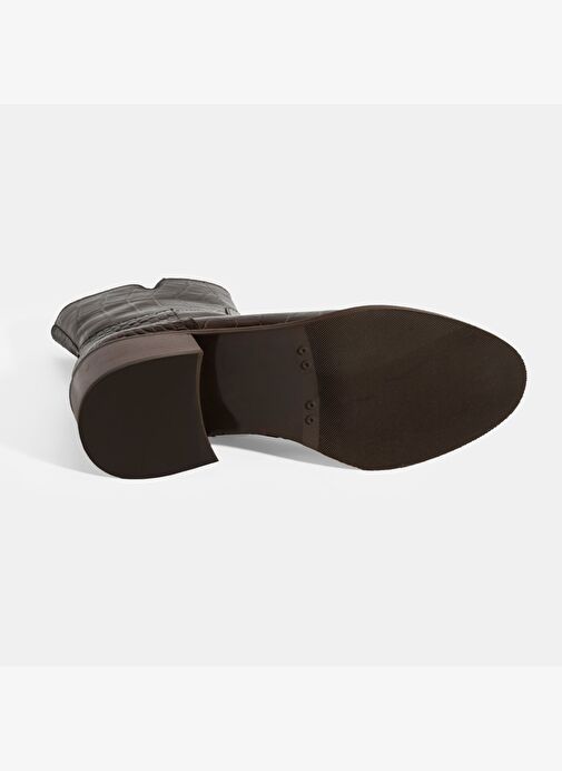 Kadın Kahve Kroko Baskılı Fermuarlı Deri Topuklu Bot - Görsel 5