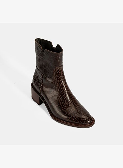 Kadın Kahve Kroko Baskılı Fermuarlı Deri Topuklu Bot - Görsel 6
