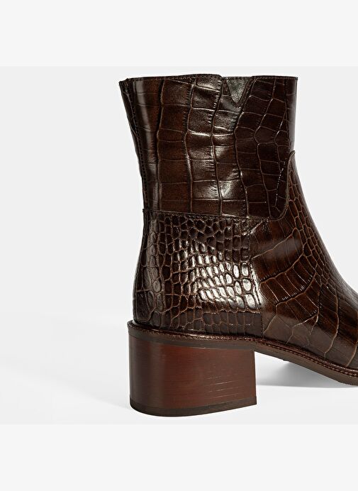 Kadın Kahve Kroko Baskılı Fermuarlı Deri Topuklu Bot - Görsel 8