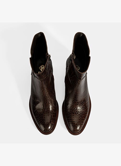 Kadın Kahve Kroko Baskılı Fermuarlı Deri Topuklu Bot - Görsel 9