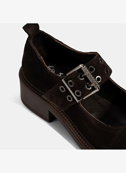 Kadın Kahve Ayarlanabilir Metal Tokalı Mary Jane Süet Ayakkabı - Görsel 7