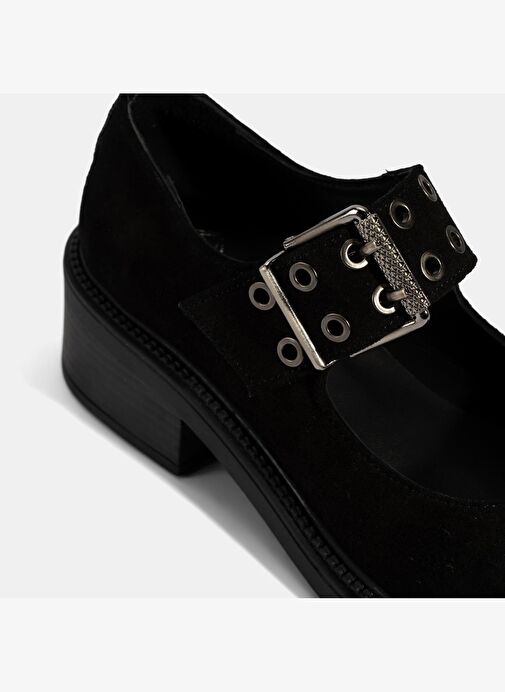 Kadın Siyah Ayarlanabilir Metal Tokalı Mary Jane Süet Ayakkabı - Görsel 7