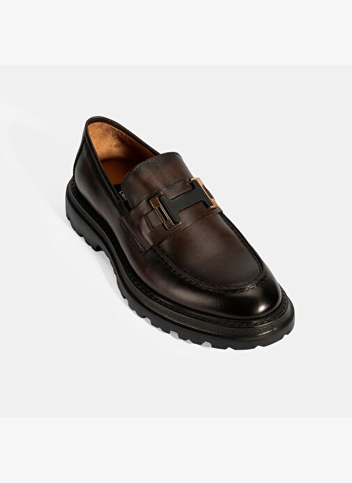 Erkek Kahve Metal Toka Detaylı Deri Loafer - Görsel 6