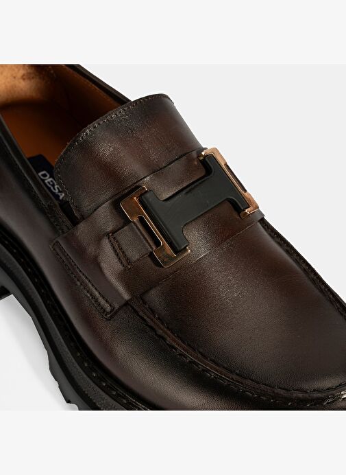Erkek Kahve Metal Toka Detaylı Deri Loafer - Görsel 7