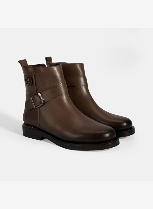 Kadın Kahve Metal Toka Detaylı Deri Bot - Görsel 2