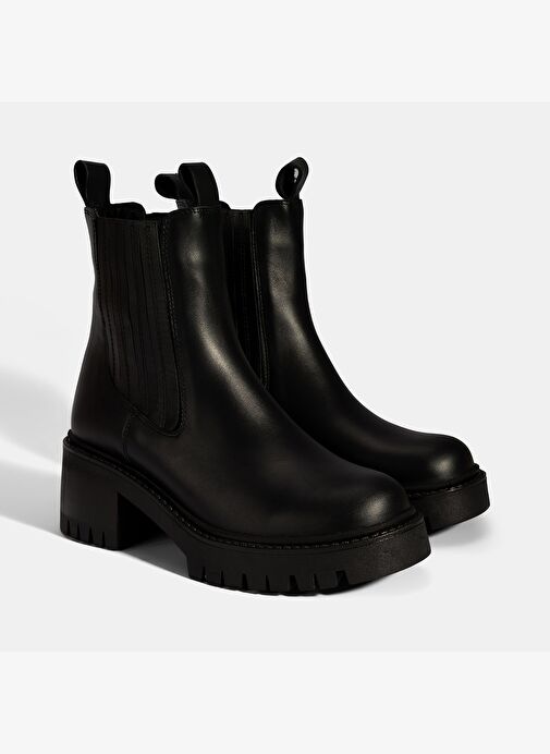 Kadın Siyah Lastikli Topuklu Deri Chelsea Bot - Görsel 2