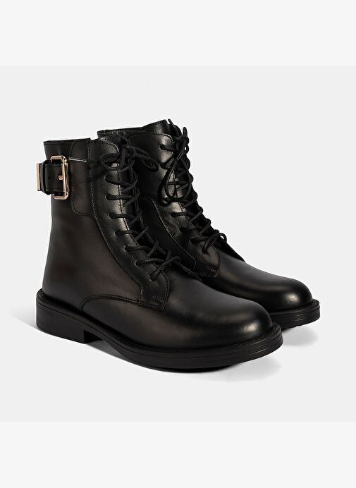 Kadın Siyah Bağcıklı Deri Postal Bot - Görsel 2