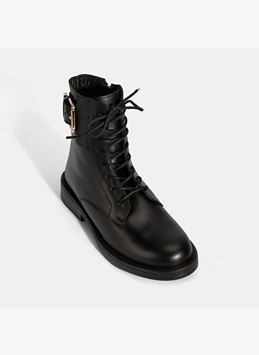 Kadın Siyah Bağcıklı Deri Postal Bot - Görsel 6