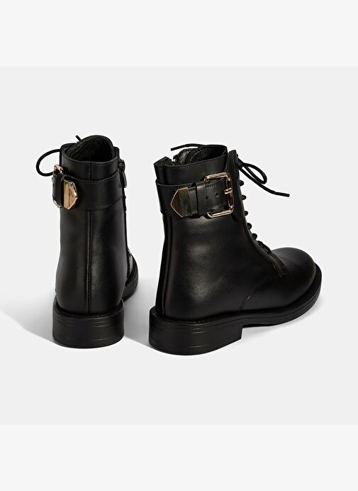 Kadın Siyah Bağcıklı Deri Postal Bot - Görsel 9