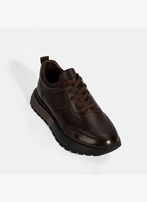 Erkek Kahve Bağcıklı Kalın Tabanlı Deri Sneaker - Görsel 6