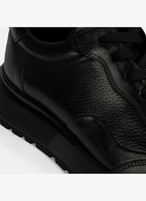 Erkek Siyah Bağcıklı Kalın Tabanlı Deri Sneaker - Görsel 7