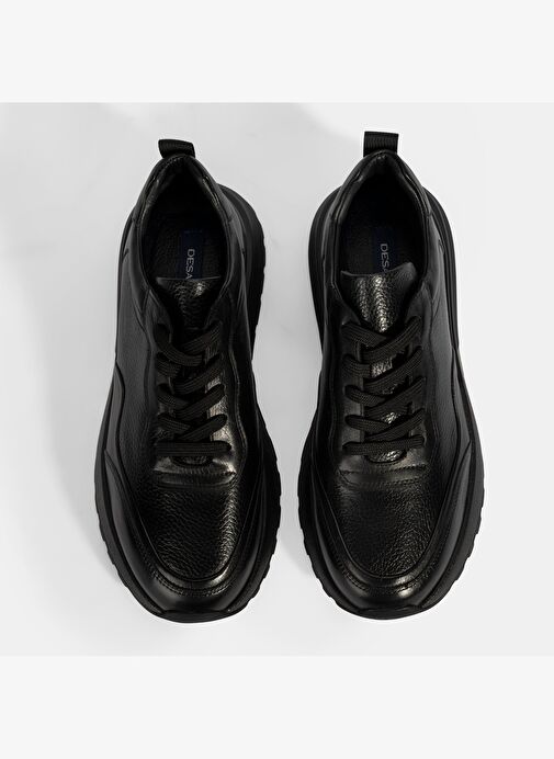 Erkek Siyah Bağcıklı Kalın Tabanlı Deri Sneaker - Görsel 8