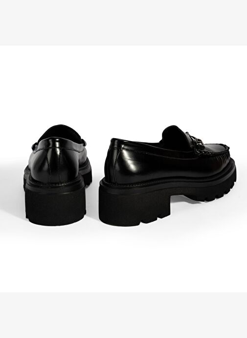 Kadın Siyah Metal Toka Detaylı Deri Loafer - Görsel 8