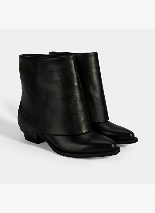 Kadın Siyah Katlama Detaylı Topuklu Deri Bot - Görsel 2