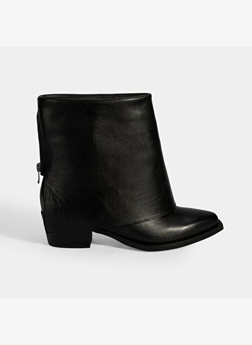 Kadın Siyah Katlama Detaylı Topuklu Deri Bot - Görsel 3