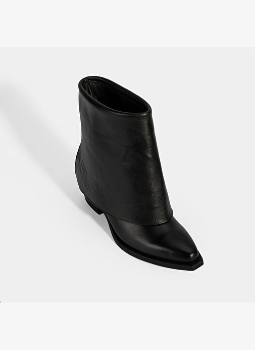 Kadın Siyah Katlama Detaylı Topuklu Deri Bot - Görsel 6