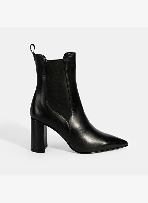 Kadın Siyah Lastikli Sivri Burunlu Topuklu Deri Bot - Görsel 3