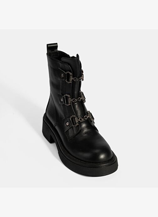 Kadın Siyah Metal Toka Detaylı Deri Postal Bot - Görsel 6