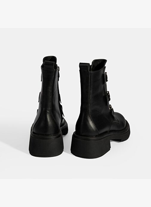 Kadın Siyah Metal Toka Detaylı Deri Postal Bot - Görsel 8