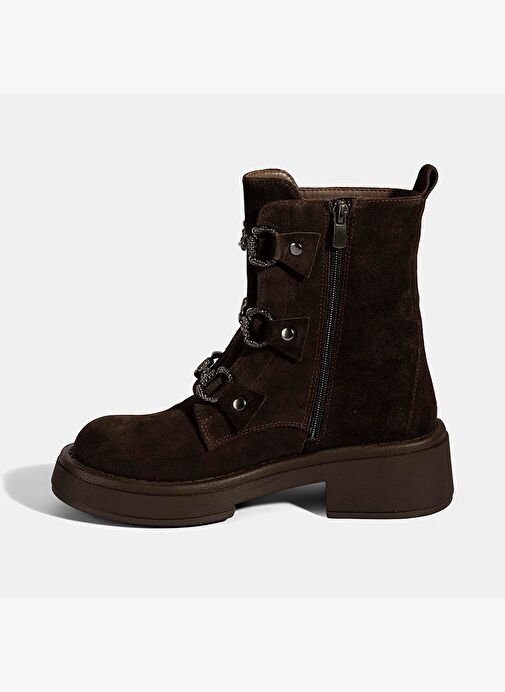 Kadın Kahve Metal Toka Detaylı Süet Deri Bot - Görsel 4