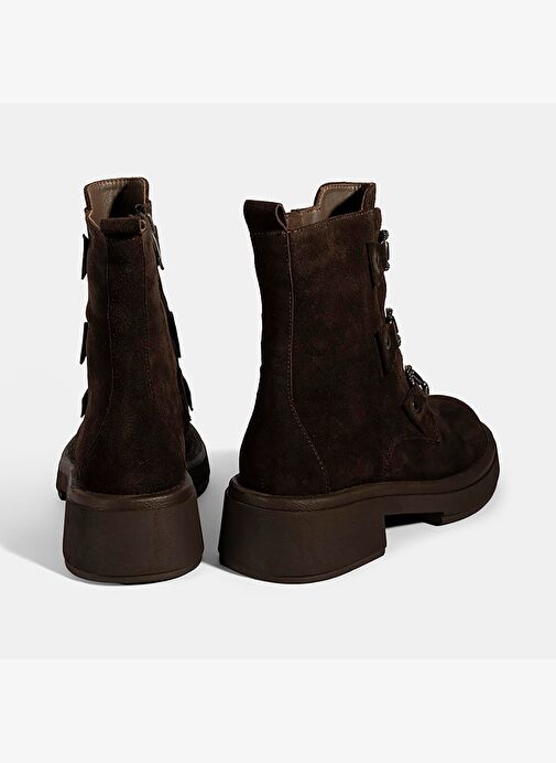 Kadın Kahve Metal Toka Detaylı Süet Deri Bot - Görsel 9
