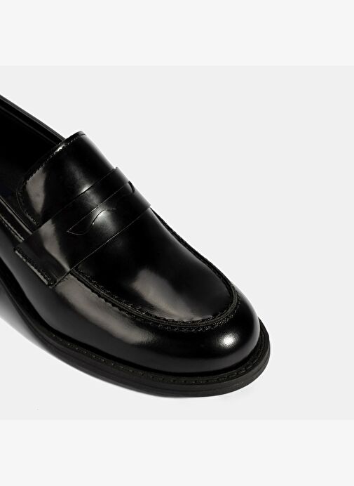 Kadın Siyah Topuklu Deri Loafer - Görsel 7