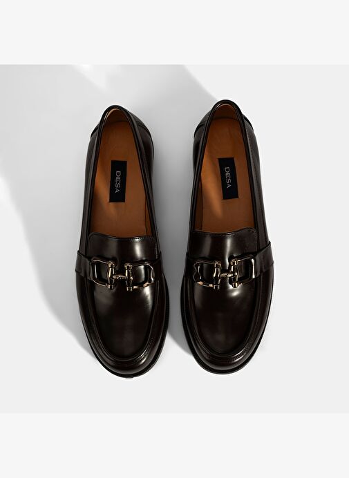Kadın Kahve Metal Toka Detaylı Deri Loafer - Görsel 7