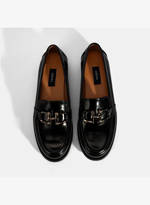 Kadın Siyah Metal Toka Detaylı Deri Loafer - Görsel 8