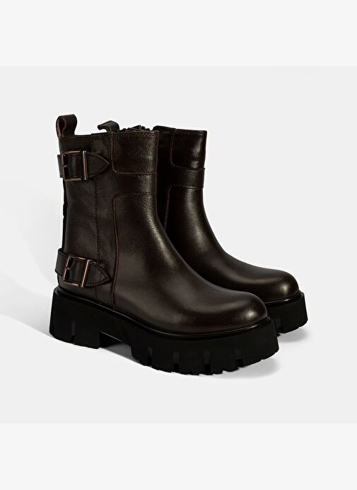 Kadın Kahve Metal Tokalı Deri Bot - Görsel 2