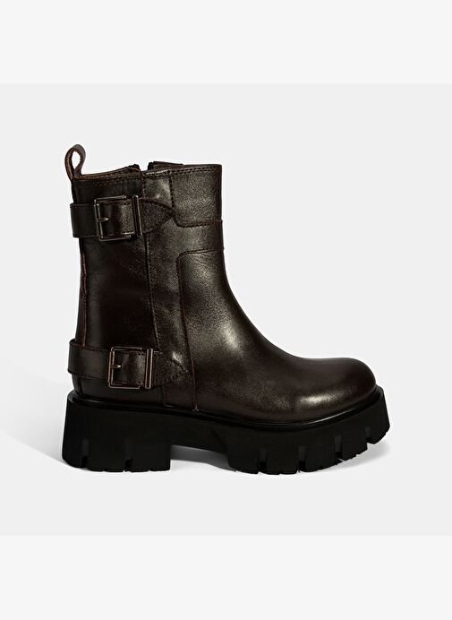 Kadın Kahve Metal Tokalı Deri Bot - Görsel 3