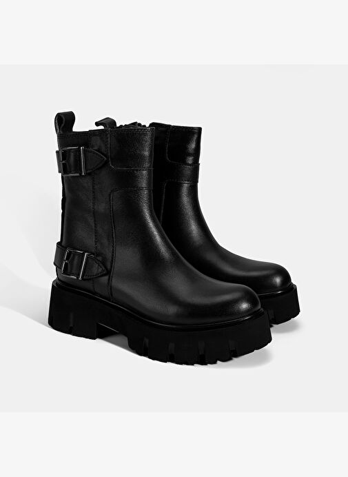 Kadın Siyah Metal Tokalı Deri Bot - Görsel 2