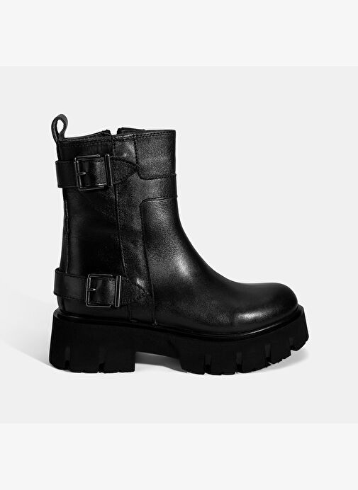 Kadın Siyah Metal Tokalı Deri Bot - Görsel 3