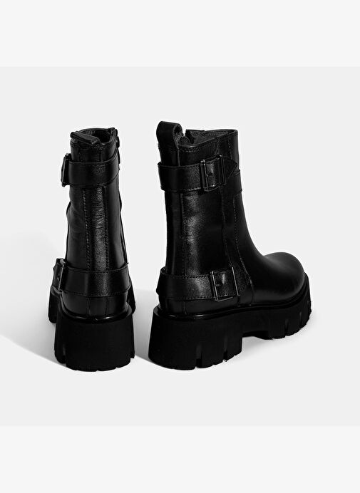 Kadın Siyah Metal Tokalı Deri Bot - Görsel 9
