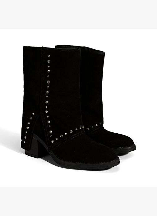 Kadın Siyah Zımba Detaylı Kalın Topuklu Süet Bot - Görsel 2