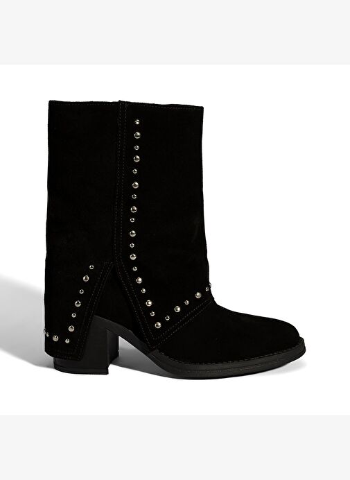 Kadın Siyah Zımba Detaylı Kalın Topuklu Süet Bot - Görsel 3