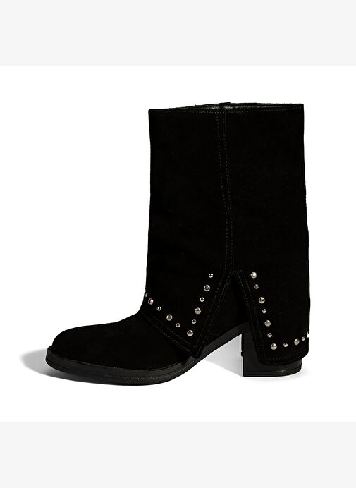 Kadın Siyah Zımba Detaylı Kalın Topuklu Süet Bot - Görsel 4