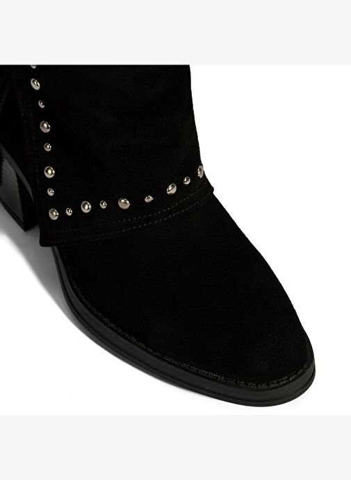 Kadın Siyah Zımba Detaylı Kalın Topuklu Süet Bot - Görsel 7