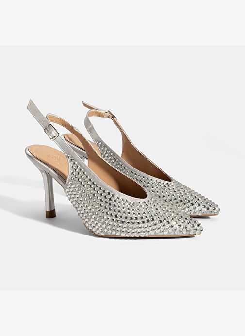 Kadın Gümüş Ayarlanabilir Metal Tokalı Taşlı Abiye Ayakkabı - Görsel 2