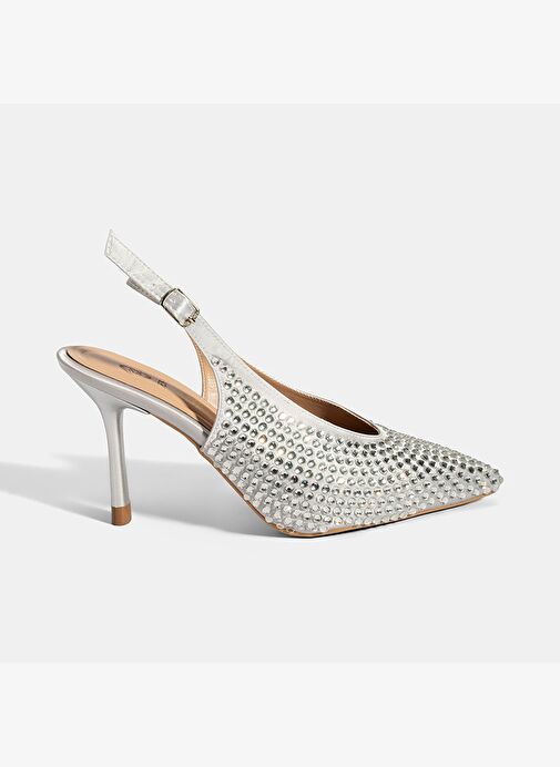 Kadın Gümüş Ayarlanabilir Metal Tokalı Taşlı Abiye Ayakkabı - Görsel 3