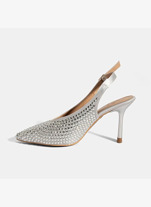 Kadın Gümüş Ayarlanabilir Metal Tokalı Taşlı Abiye Ayakkabı - Görsel 4