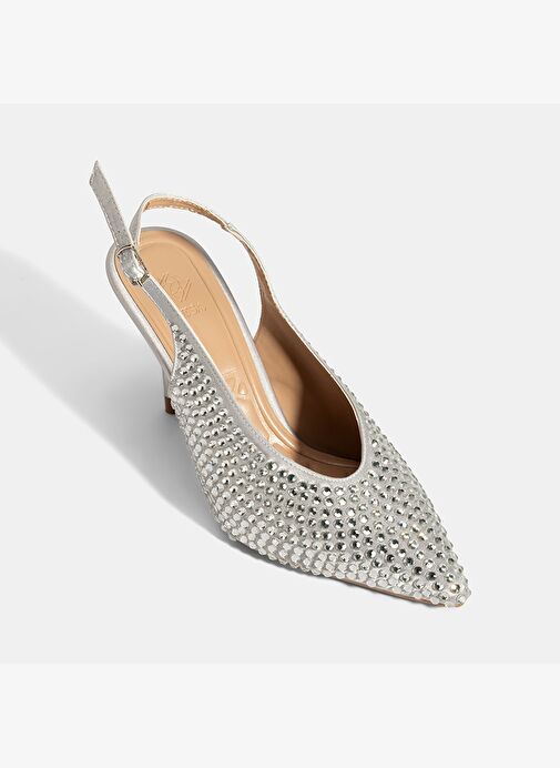 Kadın Gümüş Ayarlanabilir Metal Tokalı Taşlı Abiye Ayakkabı - Görsel 7