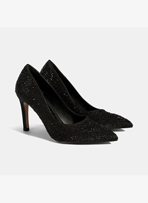 Kadın Siyah Taşlı Sivri Burunlu Topuklu Abiye Ayakkabı - Görsel 2