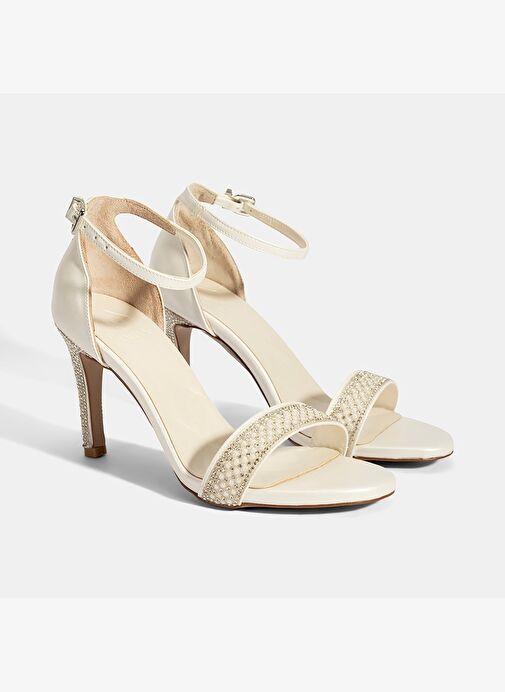 Kadın Beyaz Ayarlanabilir Tokalı Taşlı Topuklu Abiye Sandalet - Görsel 2