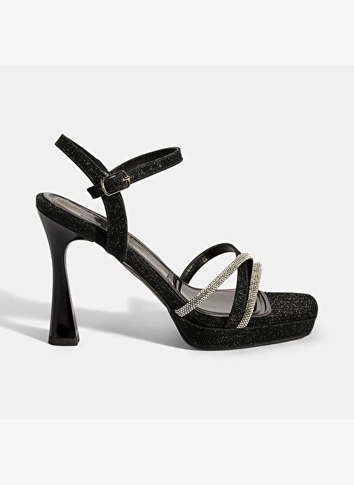 Kadın Siyah Ayarlanabilir Tokalı Taşlı Topuklu Abiye Sandalet - Görsel 3