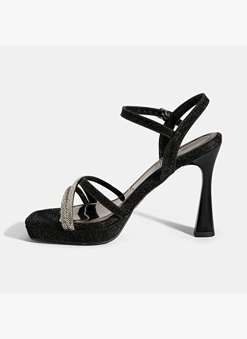 Kadın Siyah Ayarlanabilir Tokalı Taşlı Topuklu Abiye Sandalet - Görsel 4