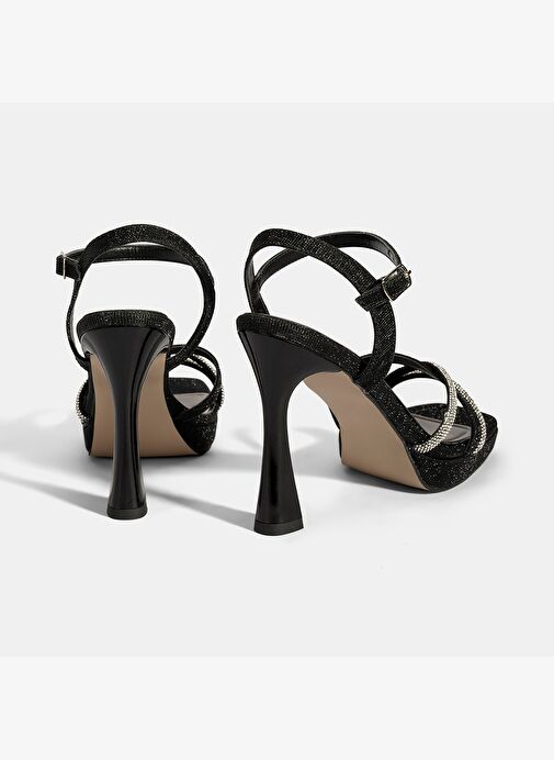 Kadın Siyah Ayarlanabilir Tokalı Taşlı Topuklu Abiye Sandalet - Görsel 9