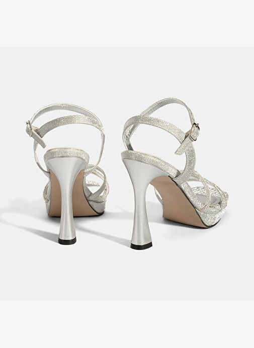 Kadın Gümüş Ayarlanabilir Tokalı Taşlı Topuklu Abiye Sandalet - Görsel 9