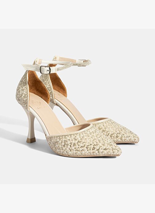 Kadın Beyaz Ayarlanabilir Tokalı Taşlı Gelin Ayakkabısı - Görsel 2