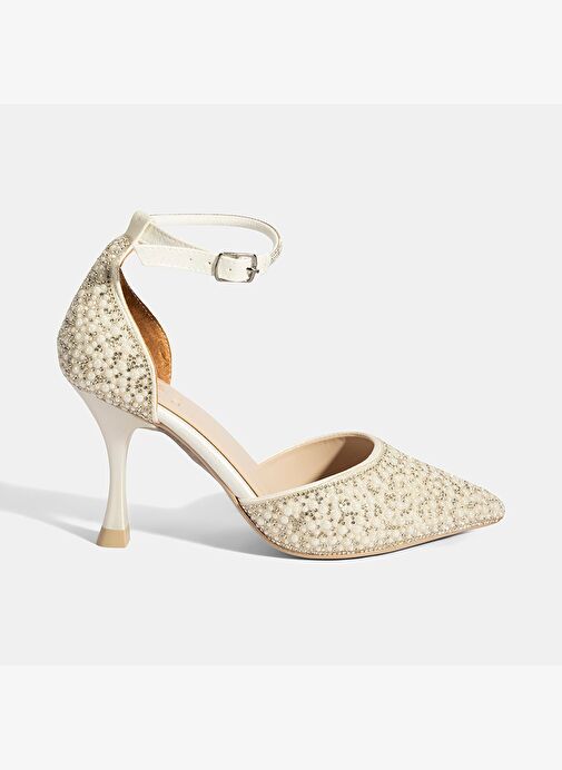 Kadın Beyaz Ayarlanabilir Tokalı Taşlı Gelin Ayakkabısı - Görsel 3