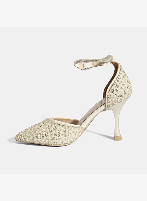 Kadın Beyaz Ayarlanabilir Tokalı Taşlı Gelin Ayakkabısı - Görsel 4